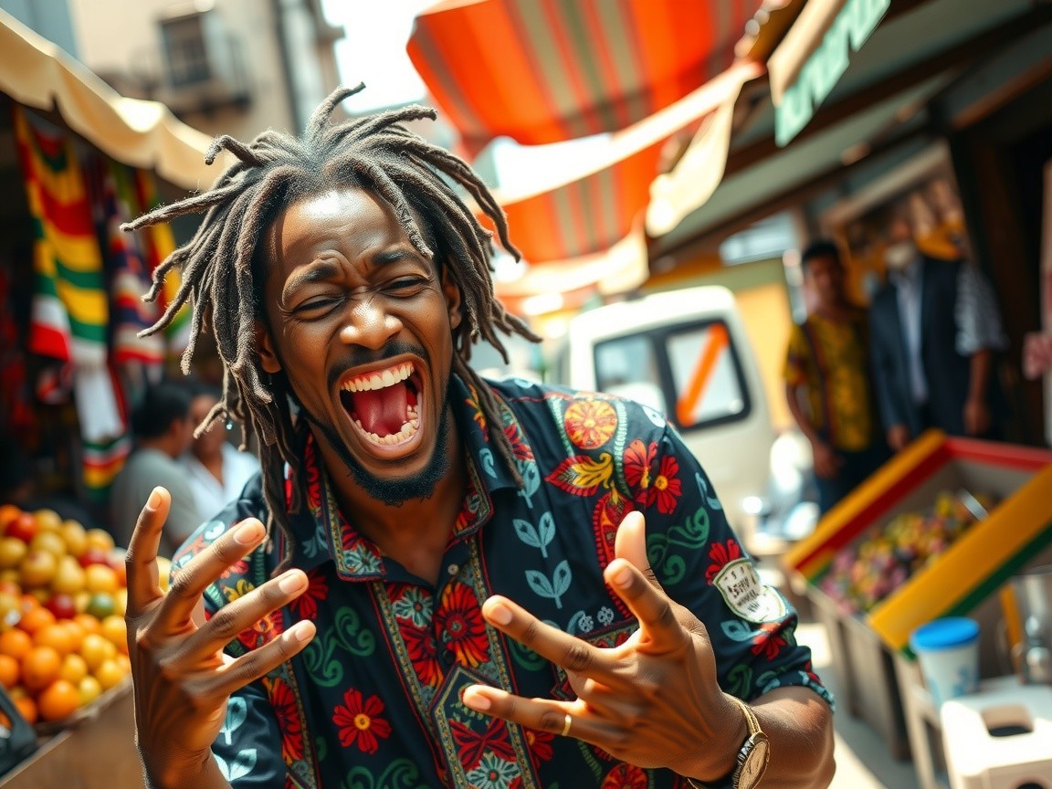 Joyful Man with Dreadlocks in Vibrant Market Scene