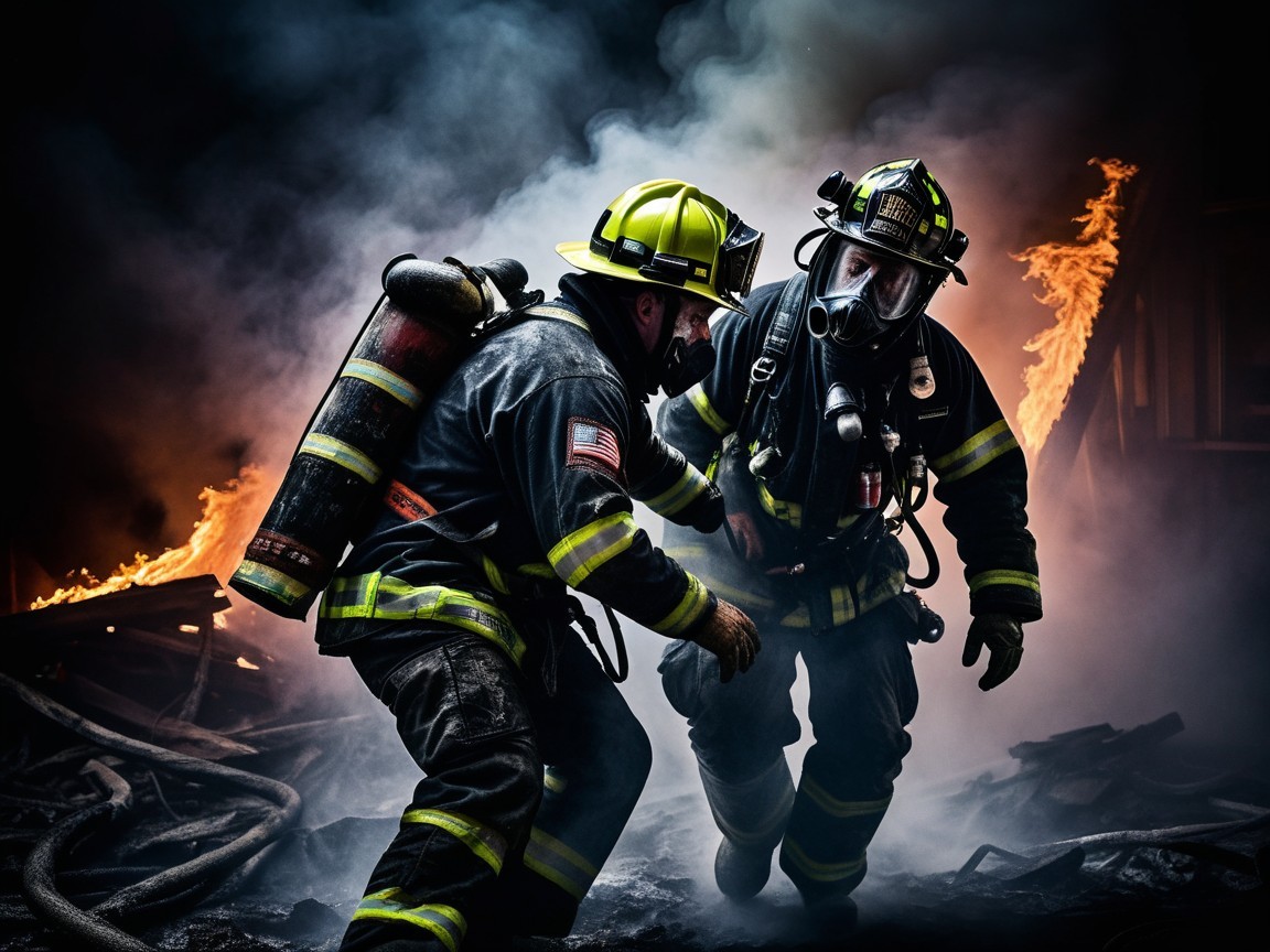 Firefighters in Gear Navigate Smoky Environment Amid Flames