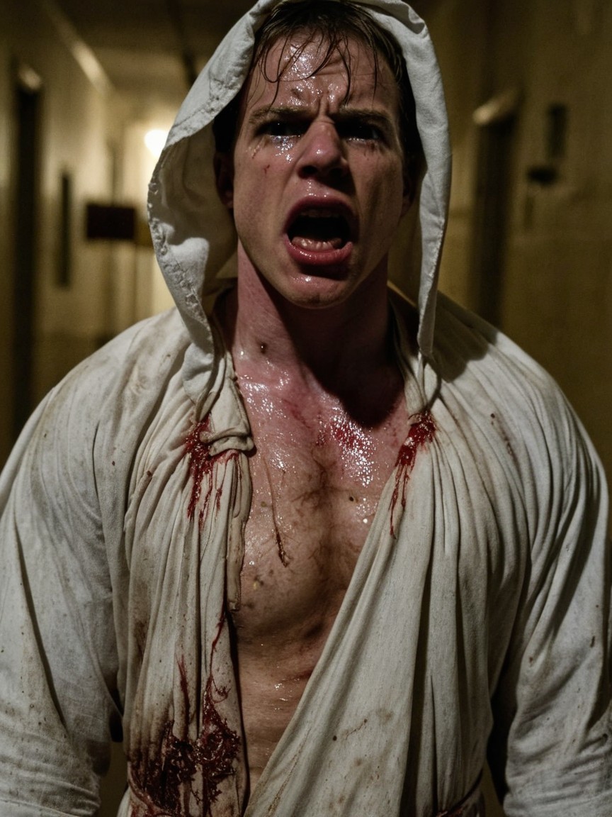 Distressed Man in Dim Hallway with Bloodied Robe