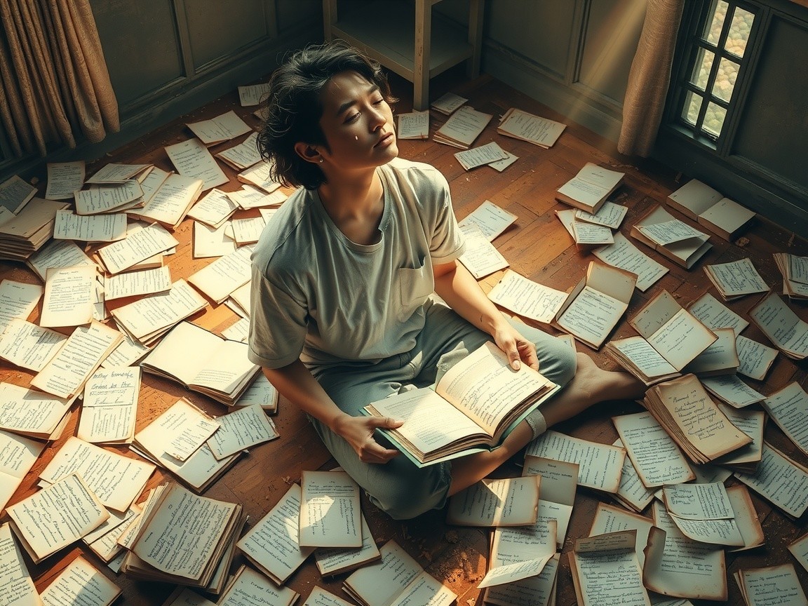 Young person reading on a wooden floor with books