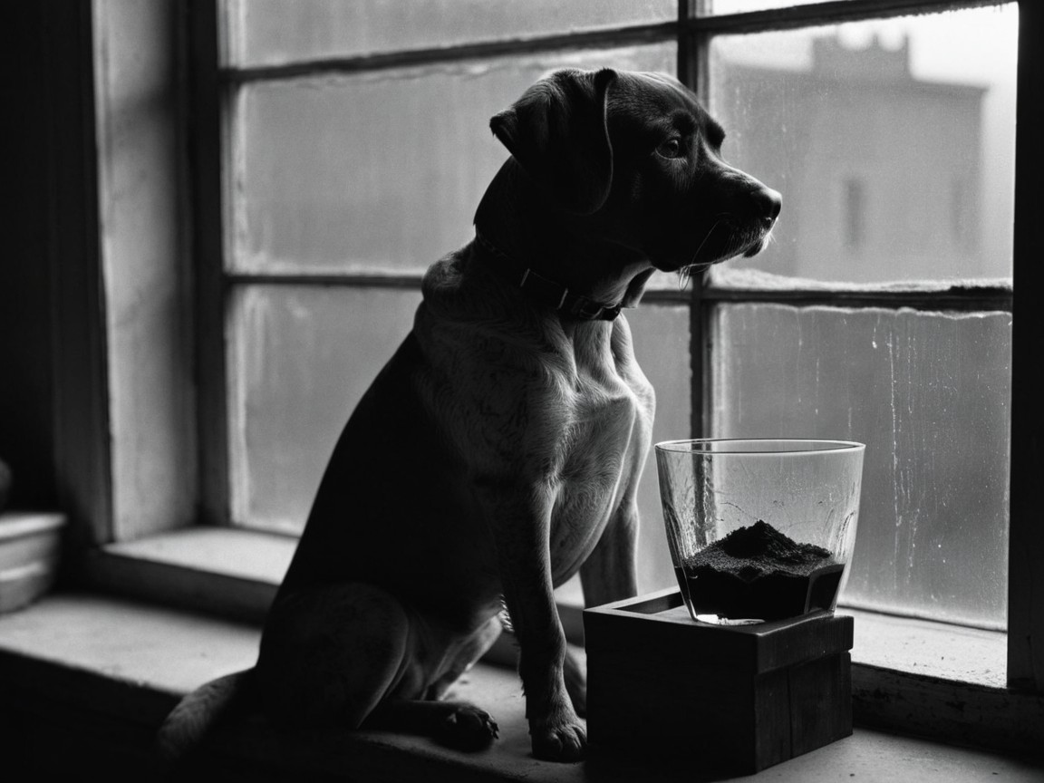 Dog by Window in Black and White with Soil Container