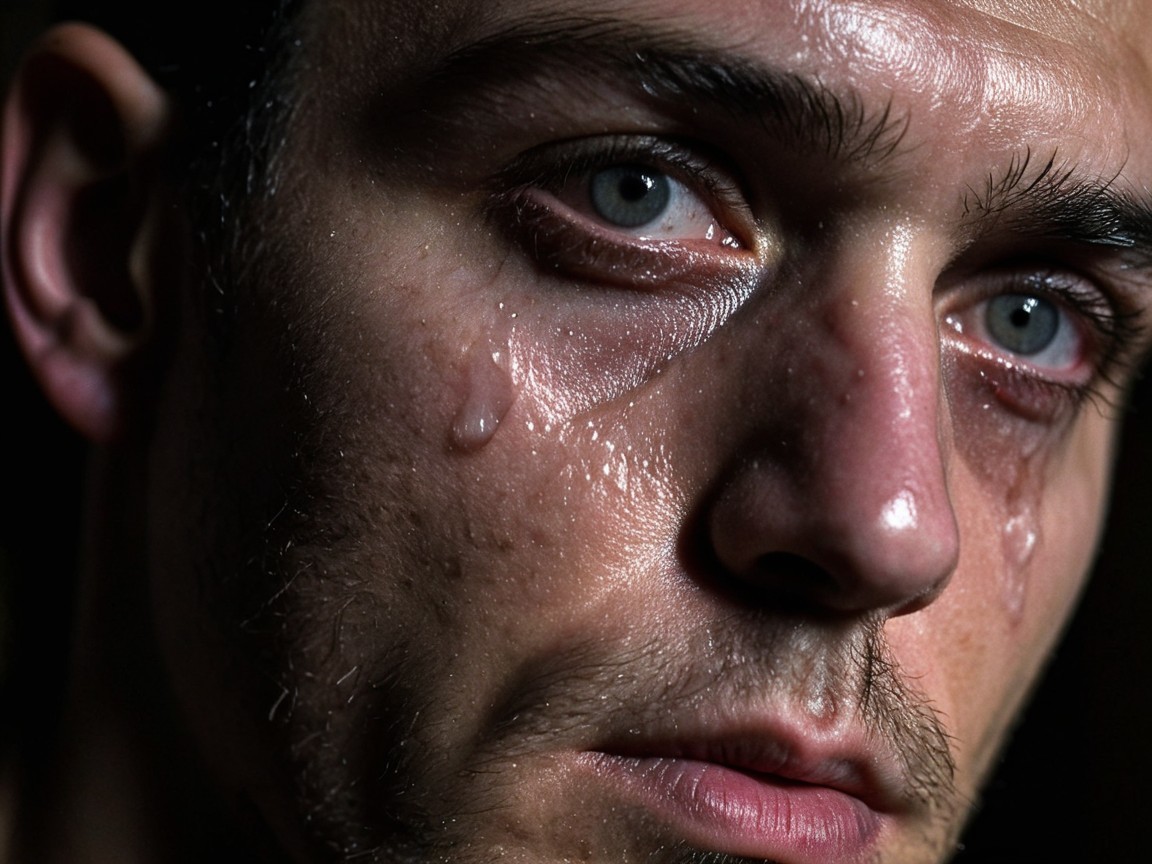 Close-Up Portrait of a Man with Blue Eyes and Emotion