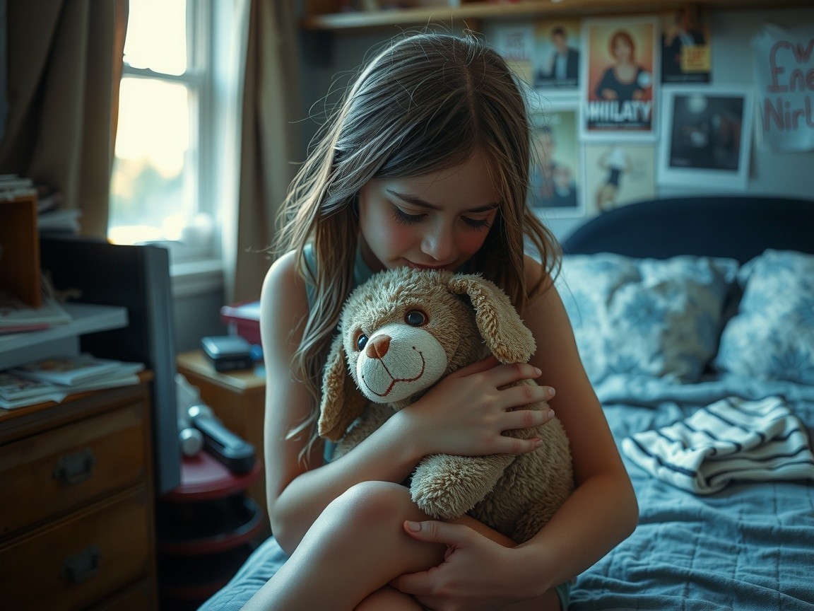 Young girl with plush dog toy in cozy bedroom setting