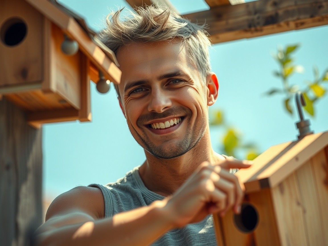Smiling Man with Birdhouses in Sunlit Outdoor Setting