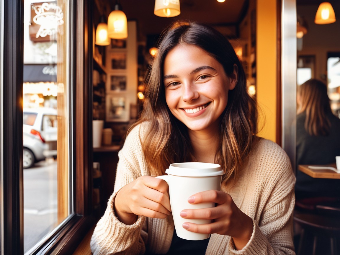 Young woman in cozy café with coffee and smile
