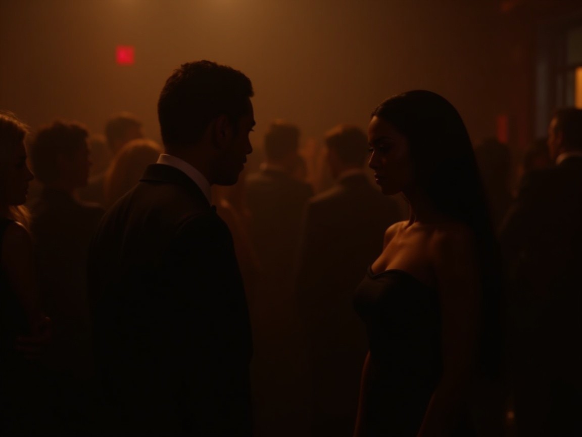 Mysterious Encounter Between Two Figures in Dim Venue