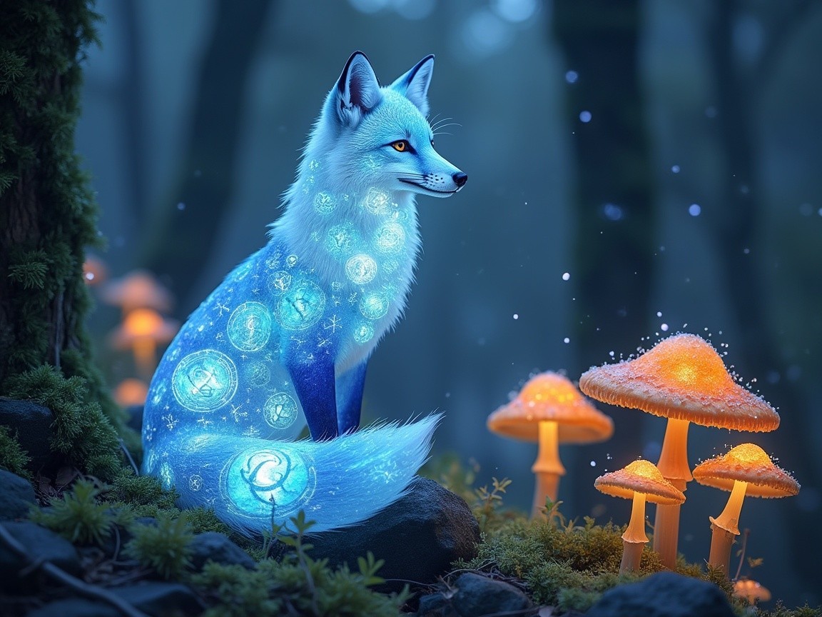 Glowing fox among ethereal mushrooms in serene forest