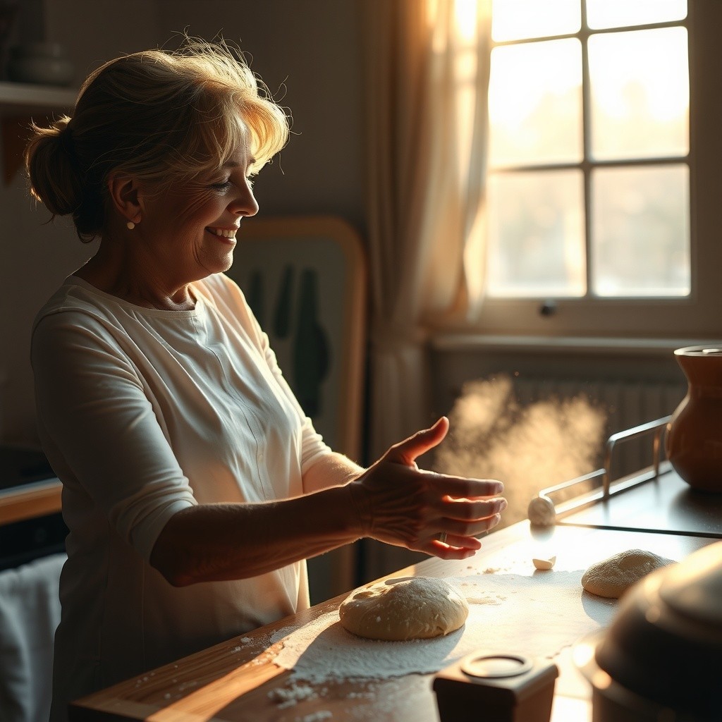 Cheerful Woman Baking Dough in Cozy Kitchen