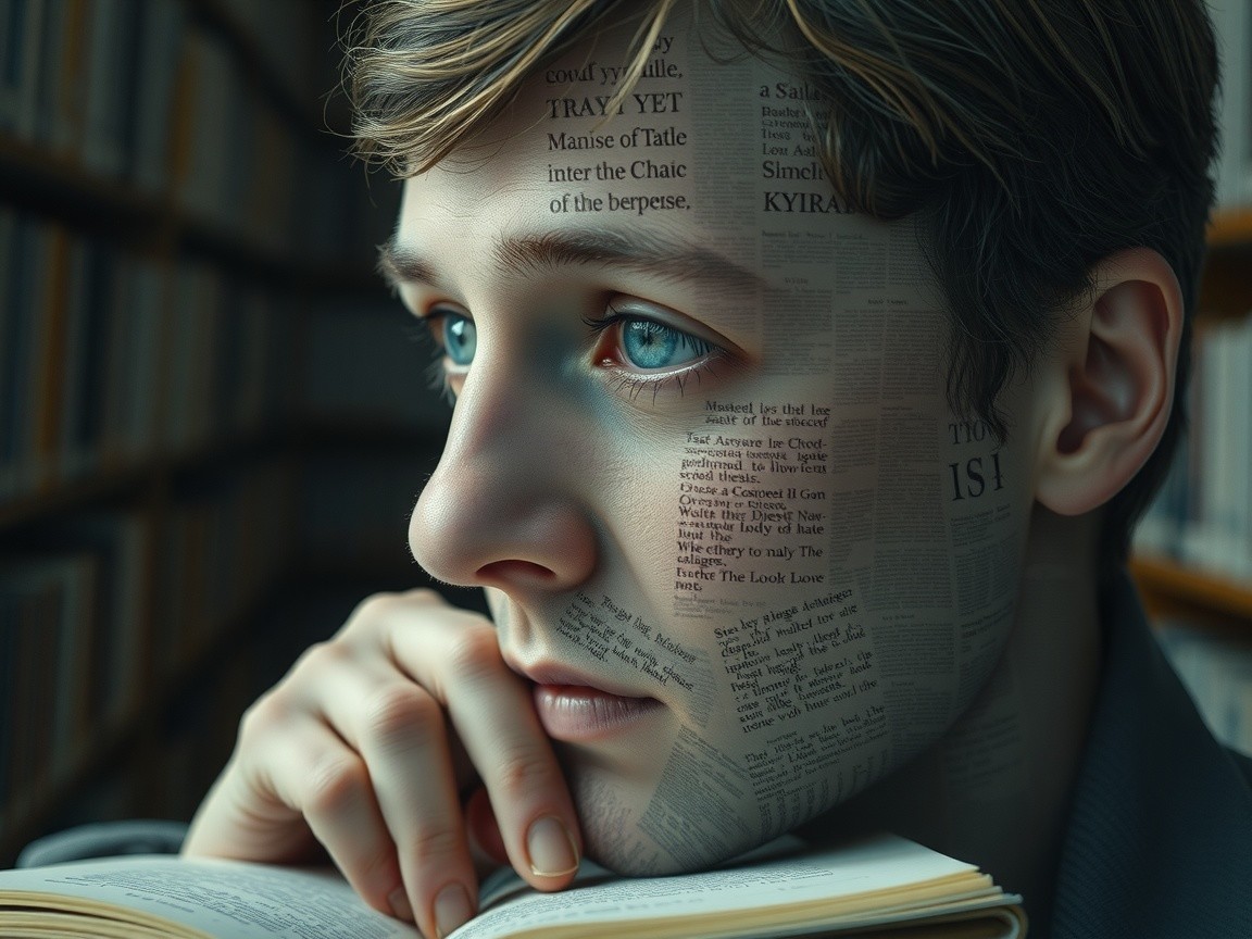Young Man Contemplating Over Open Book in Library