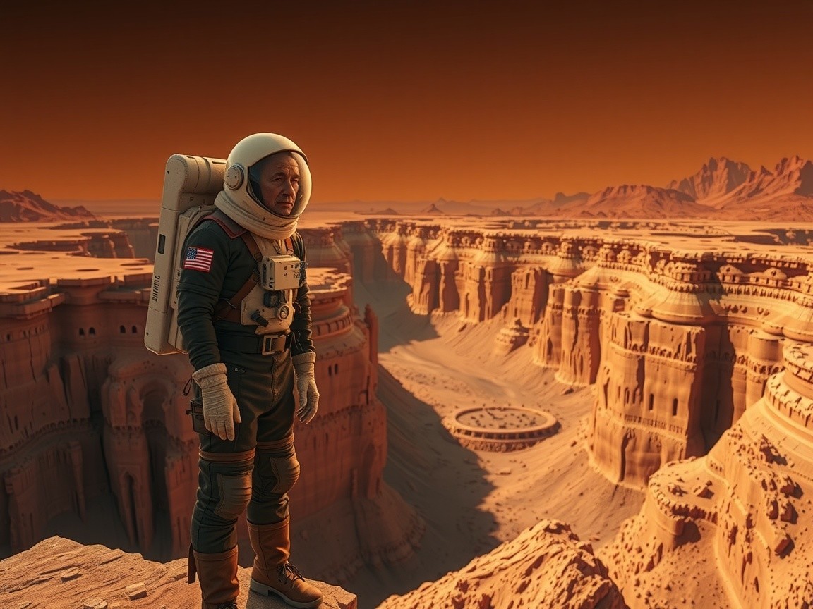 Astronaut at Canyon Under Orange Sky in Alien Landscape