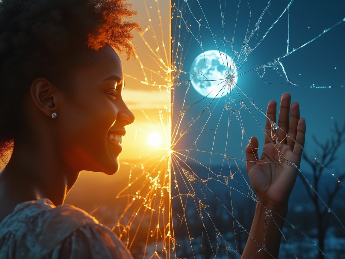 Woman against dusk and night with cracked glass pane