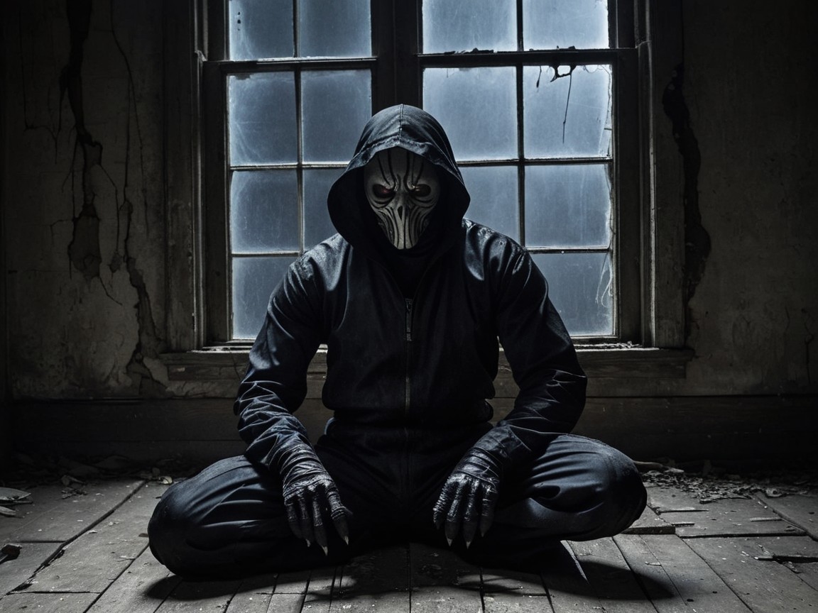Abandoned Room with Hooded Figure in Eerie Atmosphere