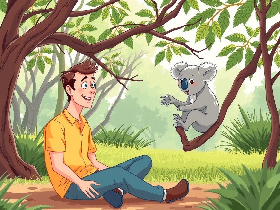 Young man with koala in vibrant nature setting
