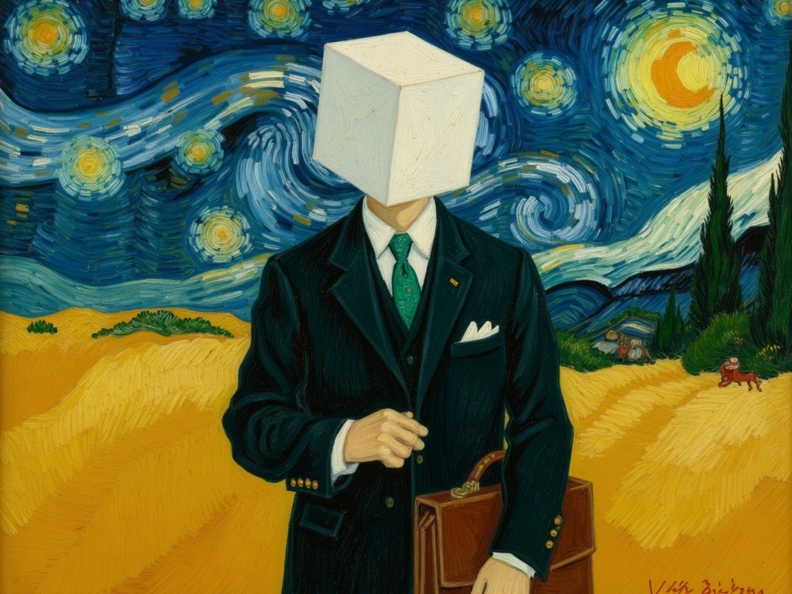 Surreal Figure with Cube Head in Starry Night Scene