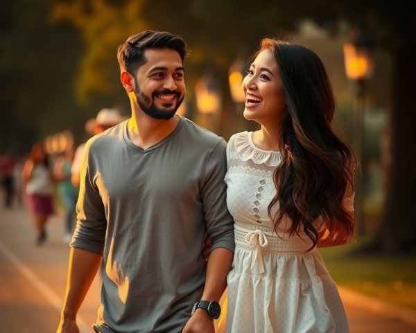 Couple Walking Hand in Hand in Sunlit Park Pathway