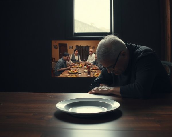 Elderly Man in Solitude with Joyful Dinner Scene Outside