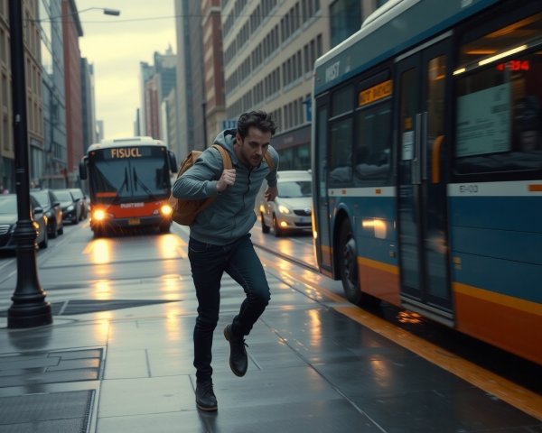 Man Running on Rainy Urban Street with Backpack
