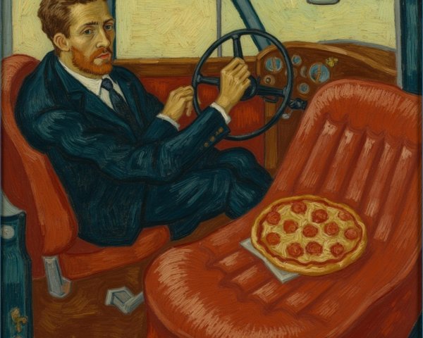 Man in Suit Driving Vintage Car with Pizza Inside