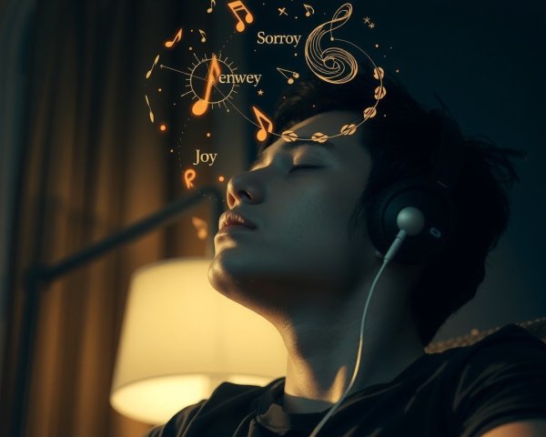 Young man in dim room immersed in music and emotions