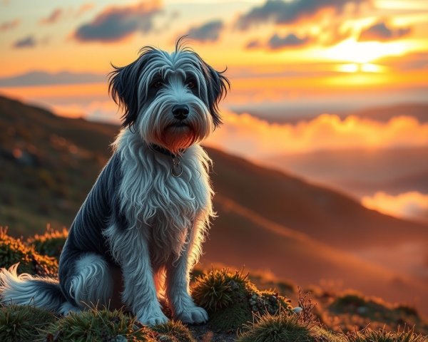 Fluffy Dog on Grassy Hill During Serene Sunset