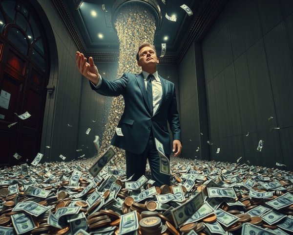 Suited Man Surrounded by Money in Elegant Room