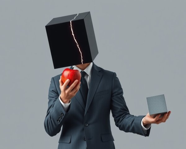 Suited Figure with Apple and Glowing Cube on Grey Backdrop
