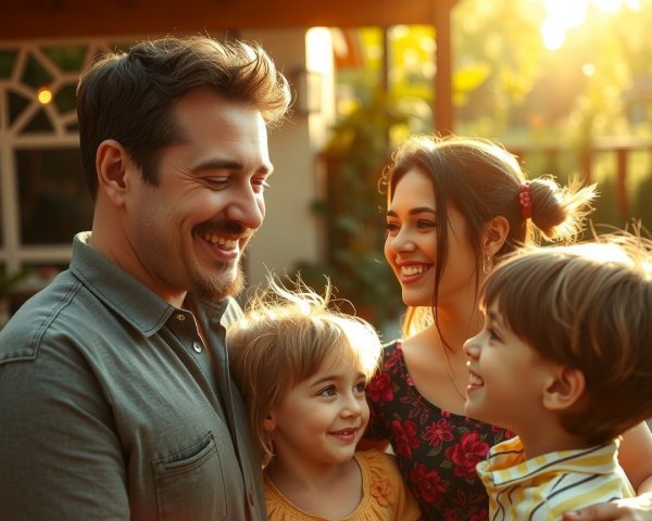 Family Embracing in Soft Golden Light Outdoors