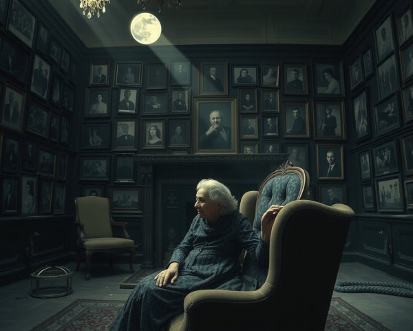 Elderly Woman in Vintage Armchair Under Moonlight
