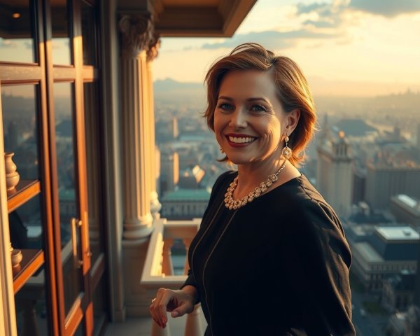 Woman on Balcony with Cityscape at Sunset