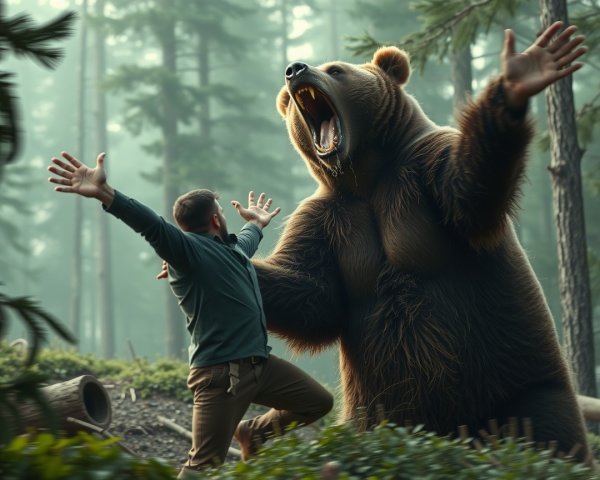 Man Surprised by Roaring Bear in Dense Forest