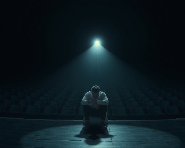 Solitary Figure on Dimly Lit Theater Stage