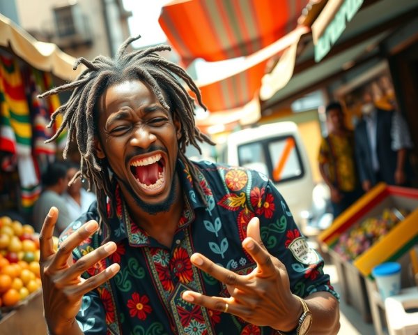 Joyful Man with Dreadlocks in Vibrant Market Scene
