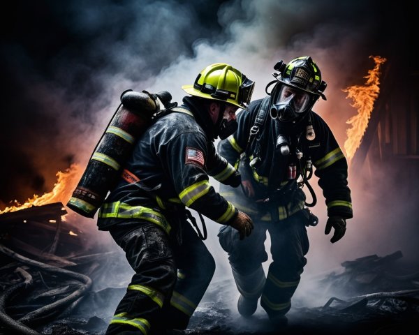Firefighters in Gear Navigate Smoky Environment Amid Flames