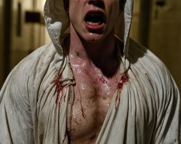 Distressed Man in Dim Hallway with Bloodied Robe