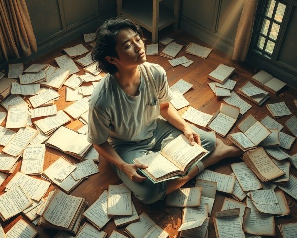 Young person reading on a wooden floor with books