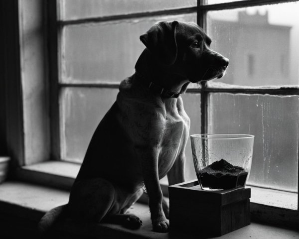 Dog by Window in Black and White with Soil Container