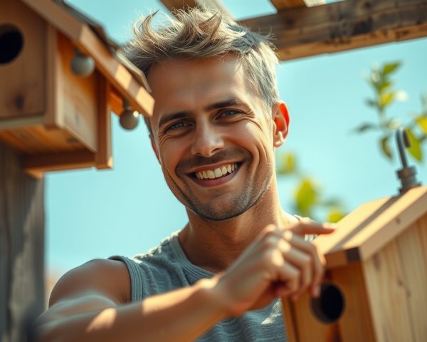 Smiling Man with Birdhouses in Sunlit Outdoor Setting