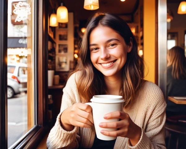 Young woman in cozy café with coffee and smile