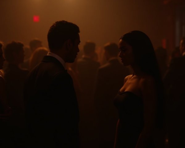 Mysterious Encounter Between Two Figures in Dim Venue