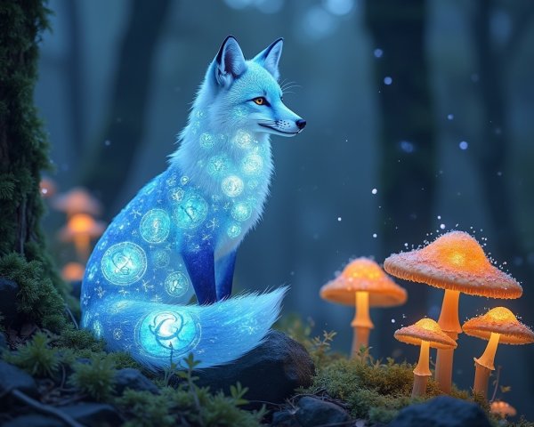 Glowing fox among ethereal mushrooms in serene forest