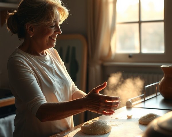 Cheerful Woman Baking Dough in Cozy Kitchen