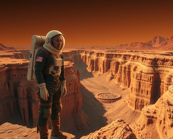 Astronaut at Canyon Under Orange Sky in Alien Landscape