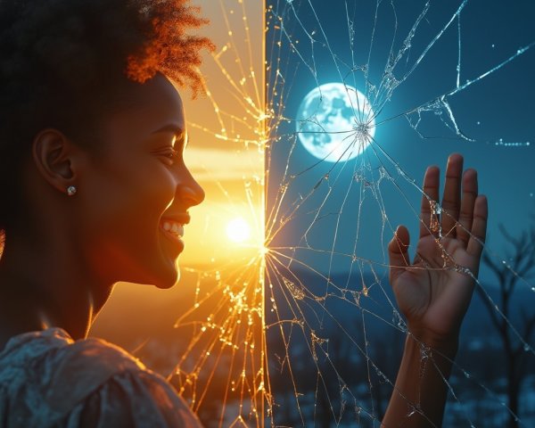 Woman against dusk and night with cracked glass pane