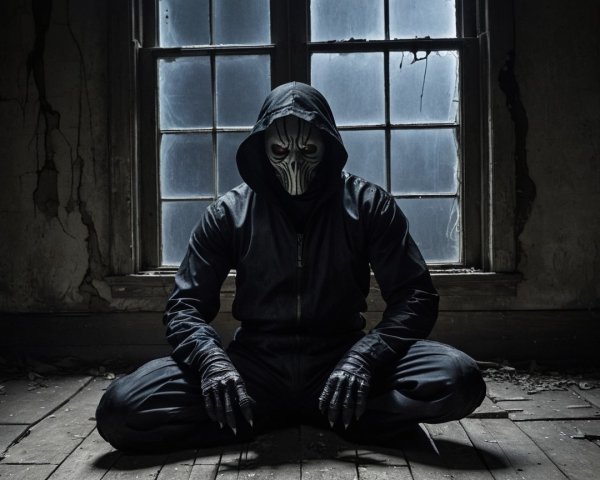 Abandoned Room with Hooded Figure in Eerie Atmosphere