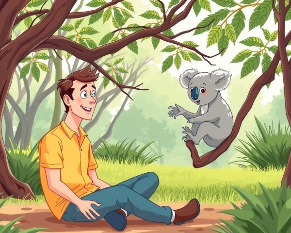Young man with koala in vibrant nature setting
