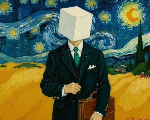 Surreal Figure with Cube Head in Starry Night Scene