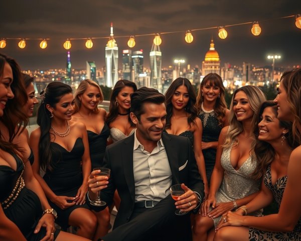 Rooftop Party with Elegant Attire and City Skyline