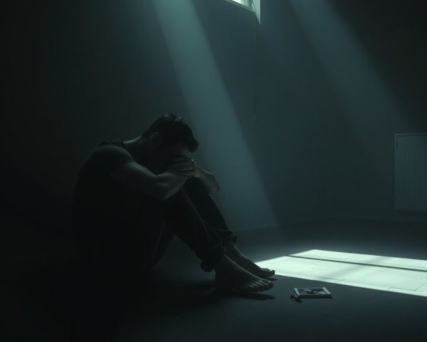 Solitary Figure in Dimly Lit Room with Shadows