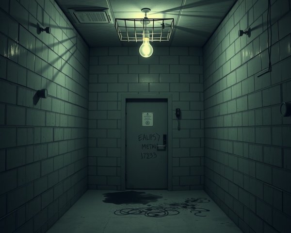 Dimly Lit Corridor with Gray Walls and Metal Door