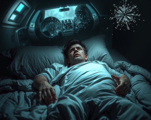 Man in Bed with Distressed Expression and Dream Sequence